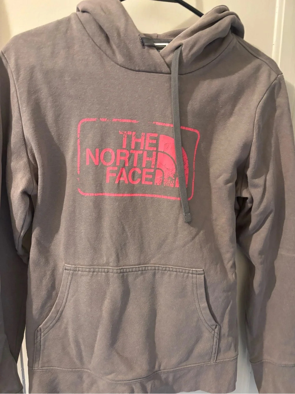 The North Face Taupe Hoodie with Neon Pink Logo - Picture 2 of 7
